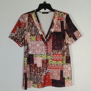 Patchwork V-Neck Top - Orange, Yellow and Brown Size L